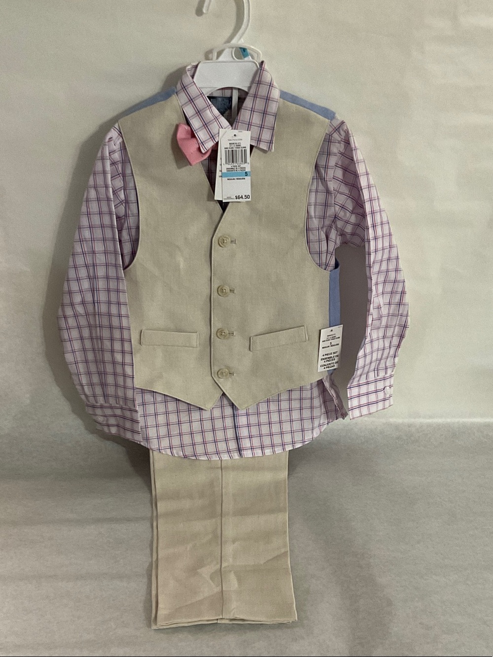 Nautica Beige Vest with Pink Plaid Shirt and Pink Bow Tie